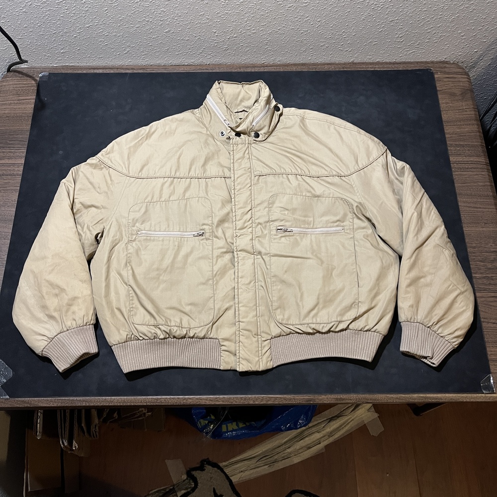 Vintage Sears Jacket Mens 2XL Beige Puffer Bomber Made in Korea Full Zip 80s